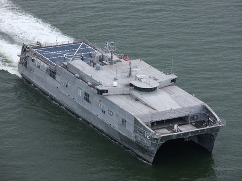 Photo of one of the U.S. Navy’s next-generation Expeditionary Fast Transport vessels, equipped with davit systems from Vestdavit