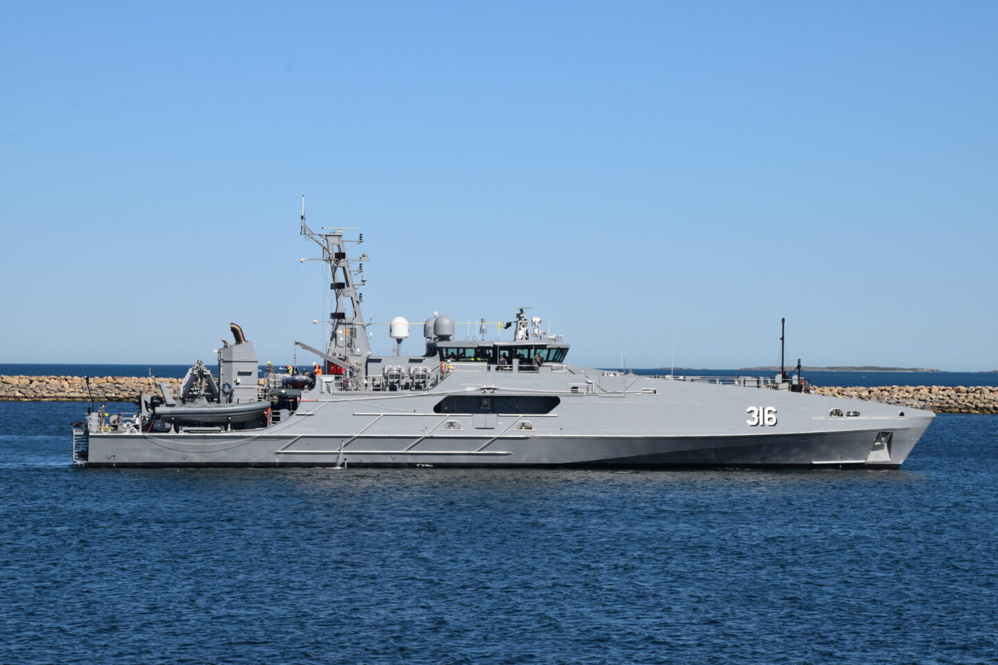 Photo of a Cape-Class Patrol vessel equipped with Vestdavit’s advanced davit systems