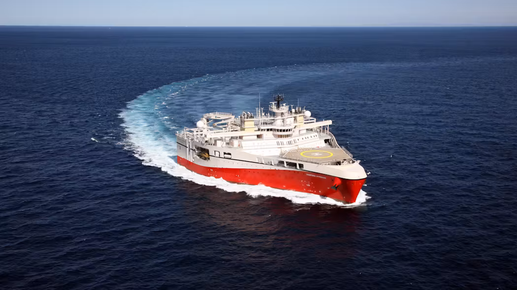 Photo of the seismic survey vessels PGS Ramform Titan at sea, a vessel that is equipped with multiple tailor-made davit systems from Vestdavit