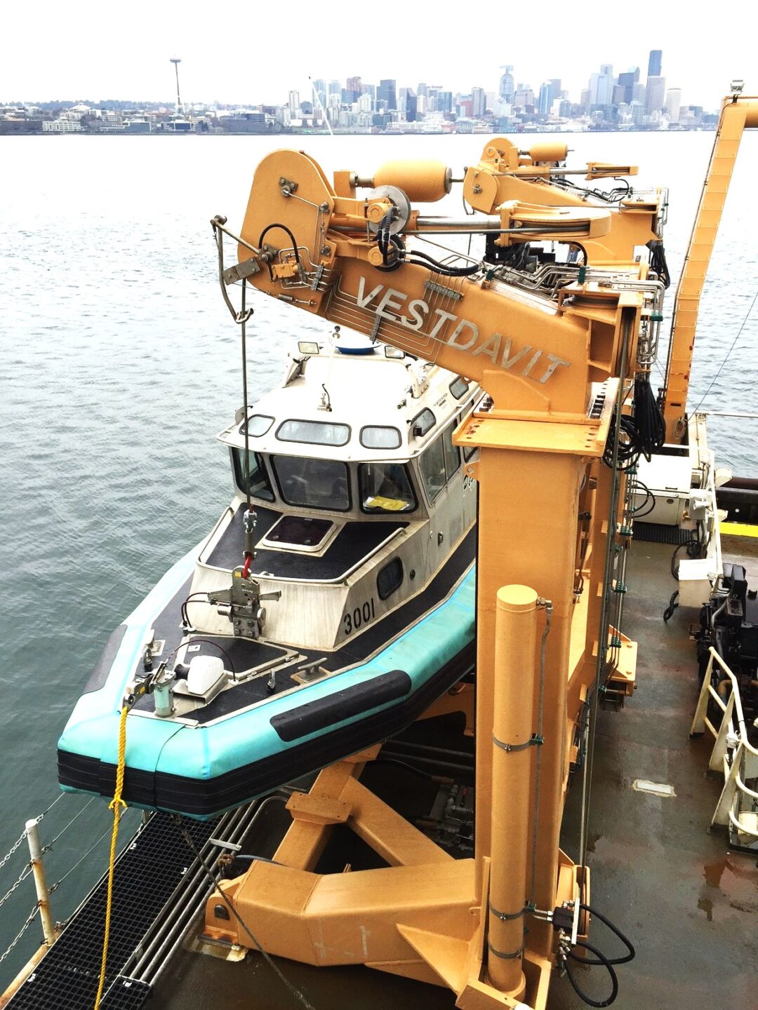 Photo of a davit system from Vestdavit mounted onboard one of the National Oceanic and Atmospheric Administrations vessels